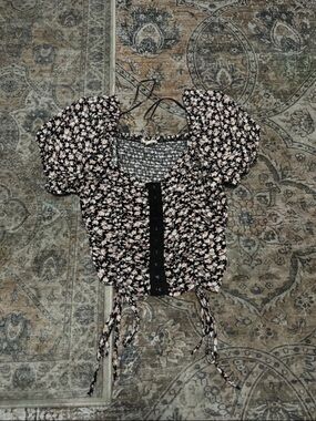 meraki Black Crop Top with Pink Floral Print